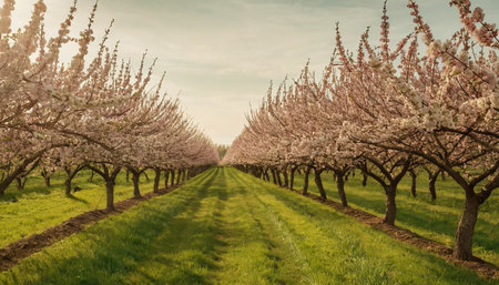 Beautiful blooming almond orchard in spring time. Vintage style.の素材