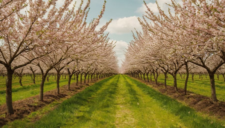 Beautiful blooming almond orchard in springtime, pink flowersの素材