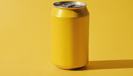 Aluminum can with water droplets on yellow background, closeupの素材