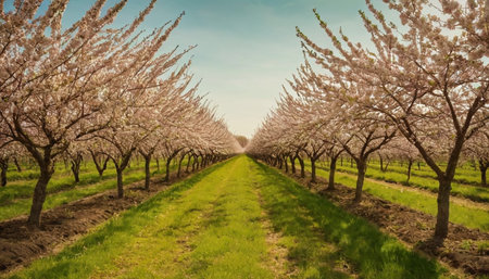 Beautiful blooming peach orchard in spring, panoramic viewの素材