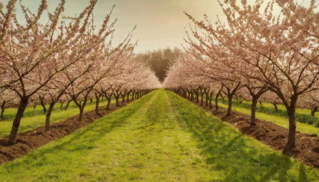 Cherry blossoms in full bloom in a row in the Netherlandsの素材