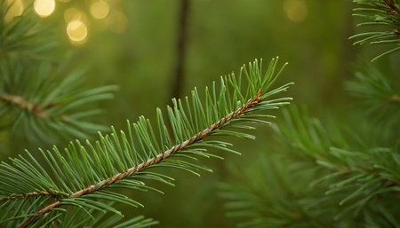 Spruce branches on a background of green foliage close-up.の素材