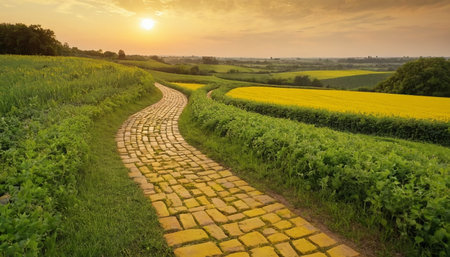 Sunset over the rapeseed field with a path in the foregroundの素材