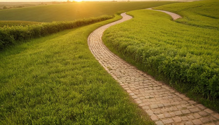 Pathway through the green field at sunset. Beautiful summer landscape.の素材