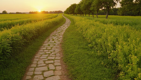 Sunset over a green meadow with a cobblestone pathの素材