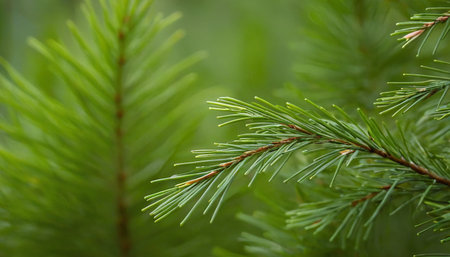 Green spruce branch close up. Natural background. Selective focus.の素材
