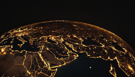 Asia from space on Earth at night with visible city lights. 3D illustration.の素材