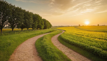 Rural road through the field at sunset in summer, Poland.の素材