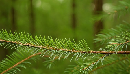 spruce branch with needles on a blurred background of green forest.の素材