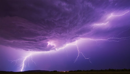 A lightning strike in the night sky. Thunderstorm, lightning strikeの素材