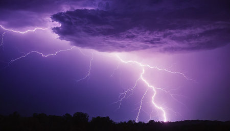 A lightning strike in the night sky. Thunderstorm and lightning.の素材