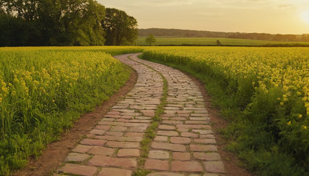 Sunset over a cobblestone path through a colza fieldの素材