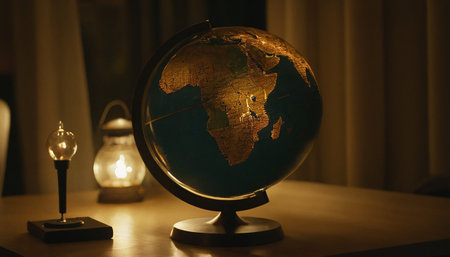 Globe and lamp on the table in the dark room at nightの素材