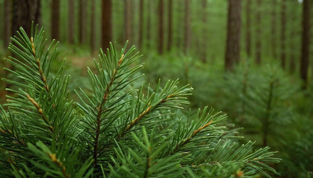 Green spruce branches in a coniferous forest. Pine needles close-up.の素材
