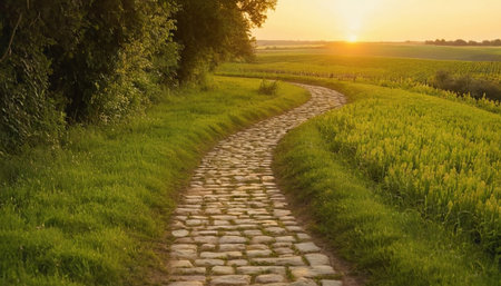 Sunset over a stone path in the middle of a green fieldの素材