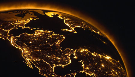 Europe at night with visible city lights. Concept of travel and communication.の素材