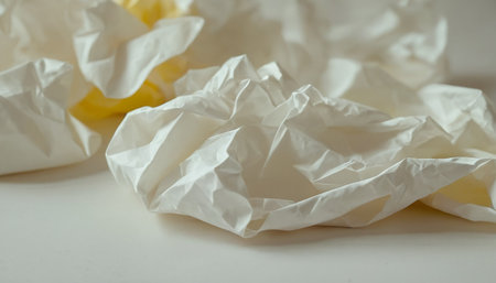 Crumpled paper on white background. Close up. Selective focus.の素材