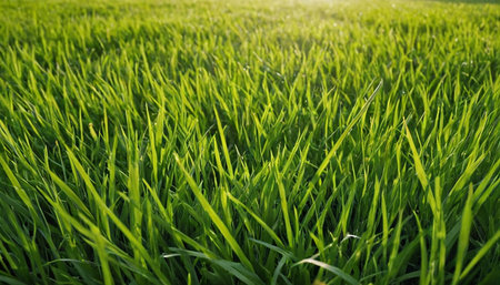 Green grass background. Close up of fresh green grass growing on the field.の素材