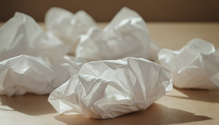 White crumpled paper balls on wooden table. Close up.の素材