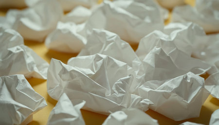 White crumpled paper balls on yellow background. Close up.の素材