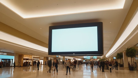 Blank billboard in the shopping mall. Blurred people walking.の素材