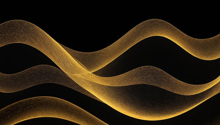 Abstract golden waves on black background. 3D rendering. Computer digital drawing.の素材