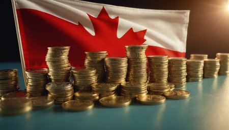 Canada flag waving and stack of coins for finance and banking concept.の素材