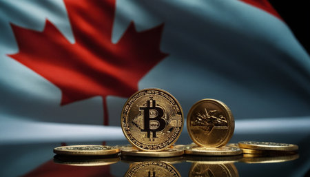Physical version of Bitcoin, new virtual money and flag of Canada.の素材