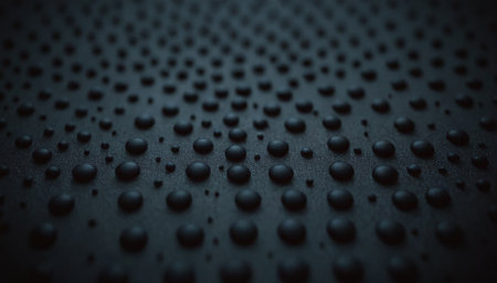 Close up of black perforated metallic surface. Abstract background and texture for design.の素材