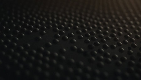 Close up of a black perforated sheet of metal with holesの素材