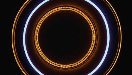 Circle with blue and yellow neon lights on black background. 3d renderingの素材
