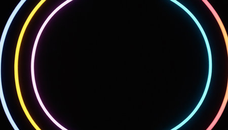 Neon circles on a black background. 3d rendering, 3d illustration.の素材