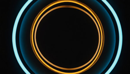 Blue and yellow neon circles on a black background. 3D renderingの素材
