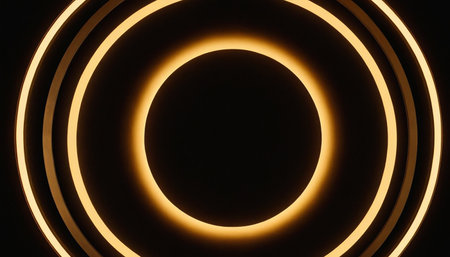 Circular neon lights on a black background. 3d rendering.の素材