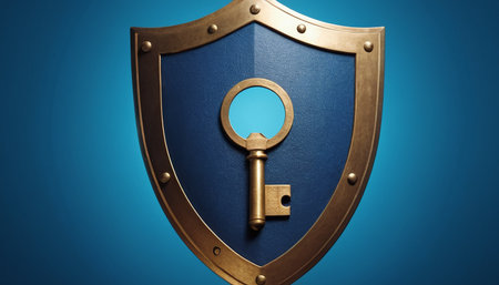 Key to success concept. Golden shield with keyhole on blue backgroundの素材