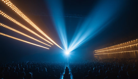 Concert crowd in front of a bright stage with lights and smokeの素材