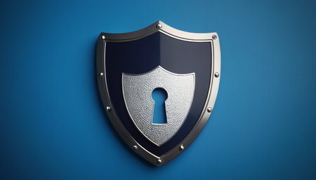 Shield with keyhole on blue background. Security concept. 3D renderingの素材