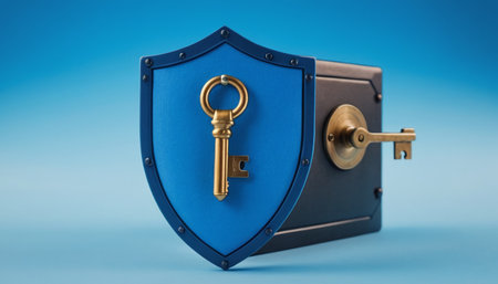 Key in the form of a shield with a keyhole on a blue backgroundの素材