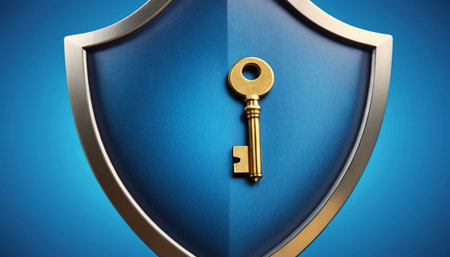 3d illustration of security concept with golden key and shield on blue backgroundの素材