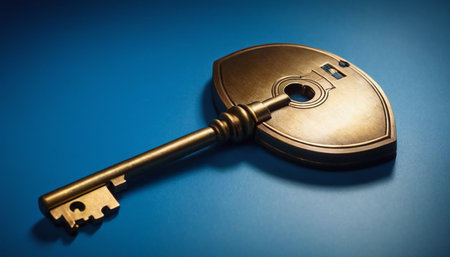 Key to success. Old key on blue background with copy space.の素材