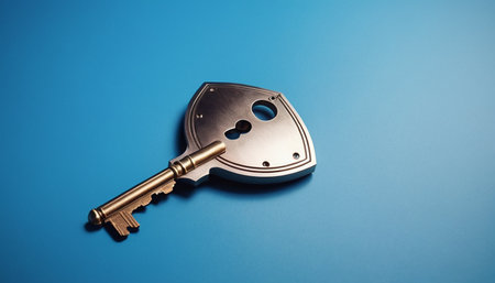 Silver key on blue background. Concept of security, safety and protection.の素材