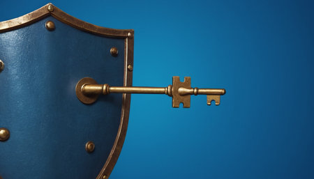 3d illustration of a blue shield with a key on a blue backgroundの素材