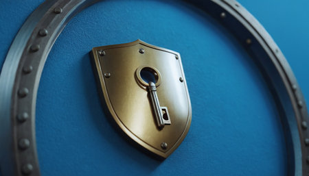 Close up of a metal safe with a key on a blue backgroundの素材