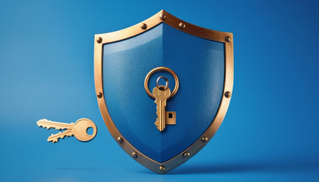 Blue shield with golden key on blue background. 3d illustration.の素材
