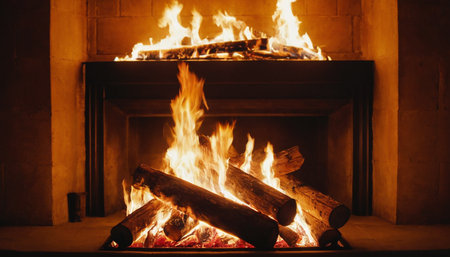 Fireplace in a country house. Firewood burning in the fireplace.の素材