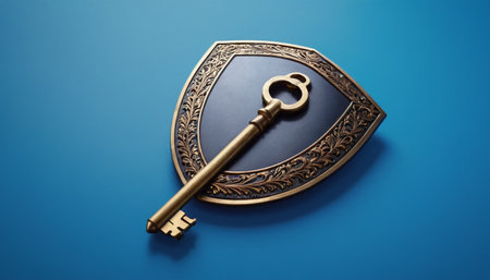 Golden key in the shape of a shield on a blue background.の素材