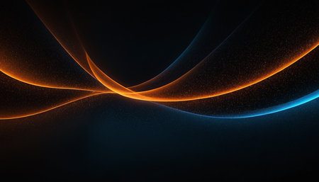Dark abstract background with glowing orange and blue neon lines, vector designの素材