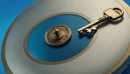 Key on the disc with blue background. The concept of security.の素材