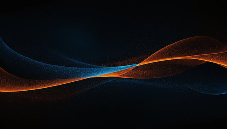 abstract background with blue and orange curved lines on dark backdrop.の素材