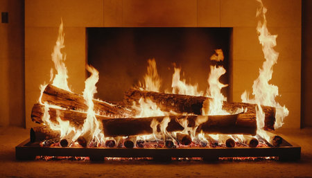 Fireplace with burning firewood, close-up. Background image.の素材